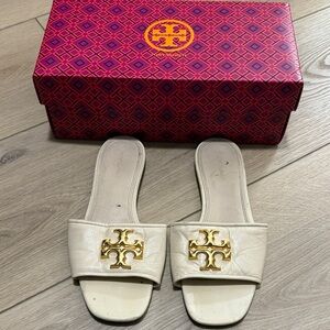 Tory Burch Ivory Slides with Gold Emblem